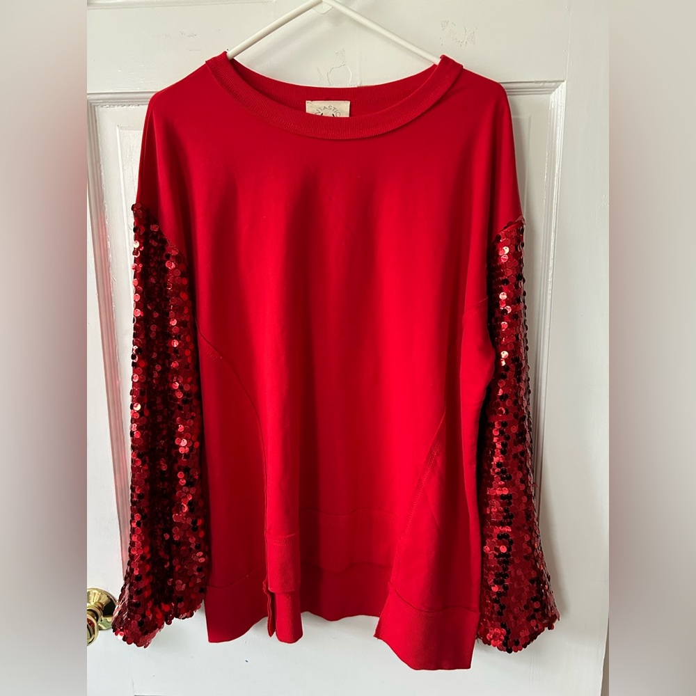 Oversized Red Sequin Glitzy Top Sweatshirt w Sequined Long Lantern Sleeves Sz S